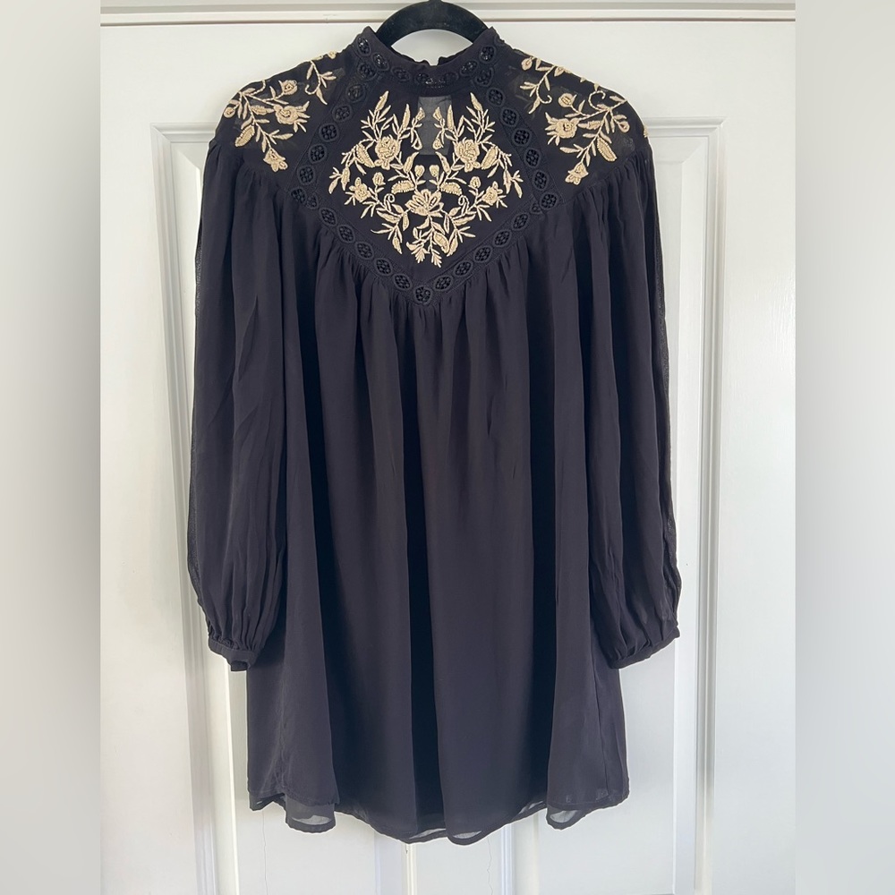 River Island black embroidered smock mini dress festival boho hippy Ibiza sz 8 - Picture 12 of 15